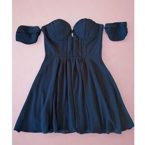 TOBI Black Off Shoulder Corset Mini Dress | Sweetheart Neck Draped Sleeve Size M